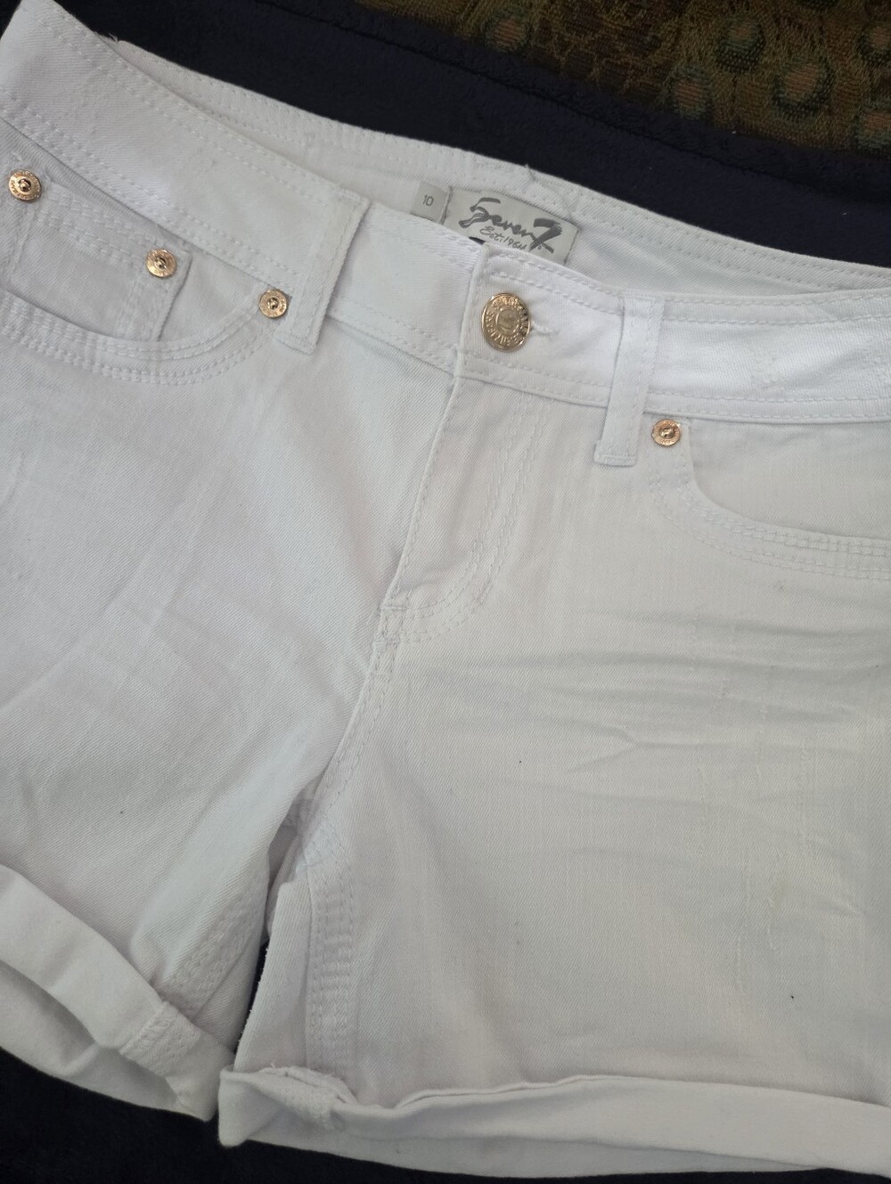 Seven7 White Rolled Hem Denim Shorts with Gold Hardware